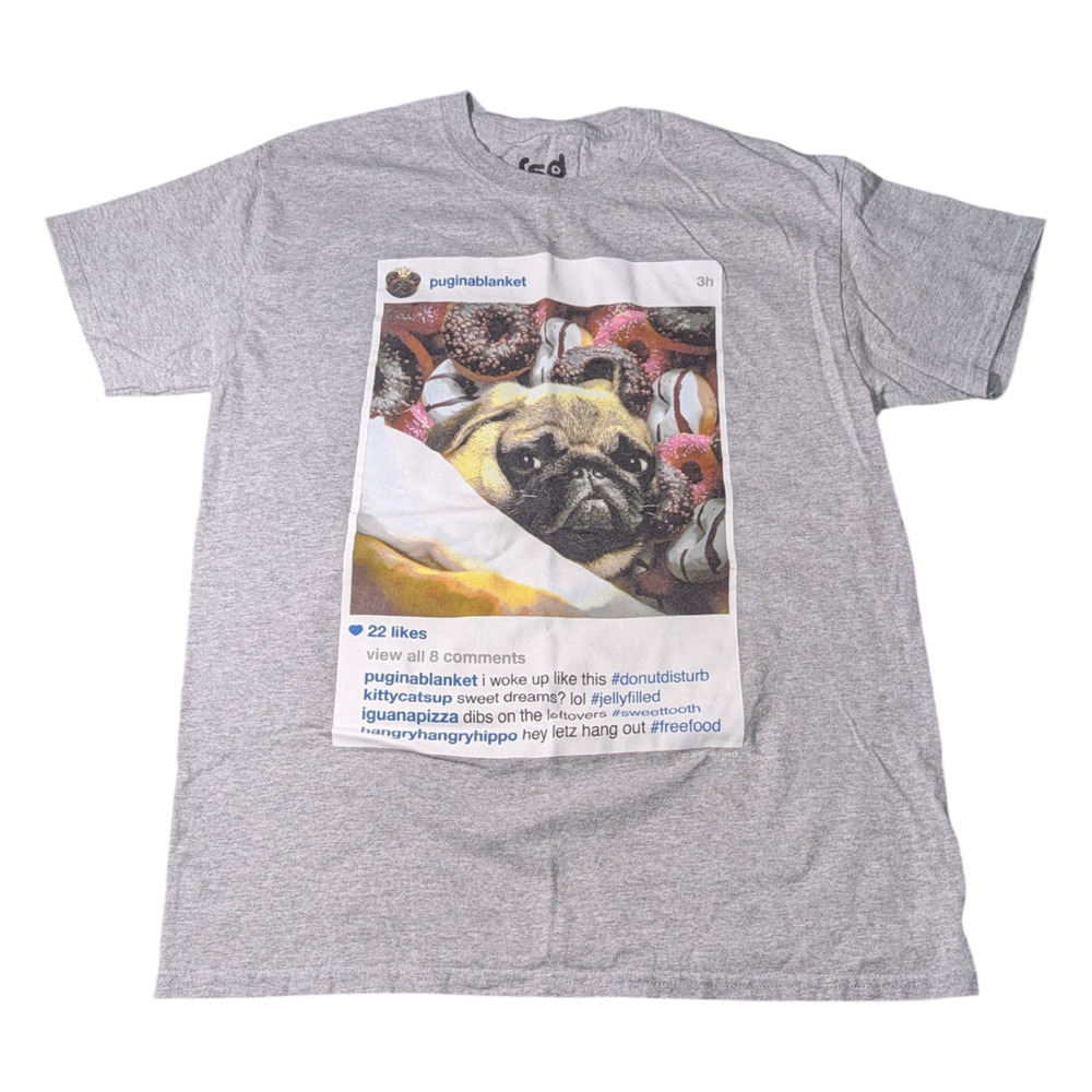 FSD Brand Puginablanket Pug Graphic T-Shirt Size M EUC Heather Gray